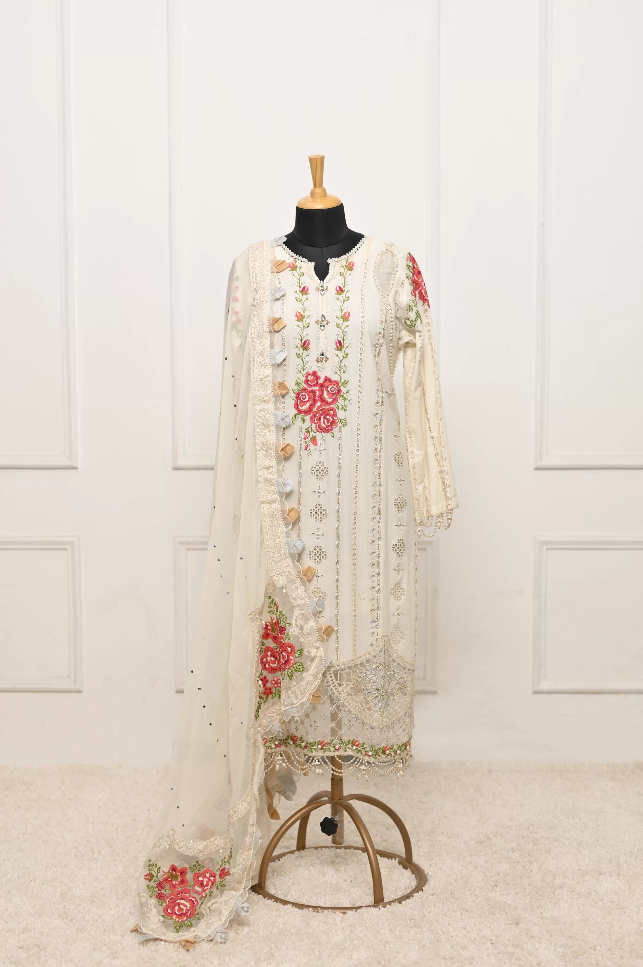 Hues Atelier Pret Embroidered Net 2 Piece Suit Ivory Bridal